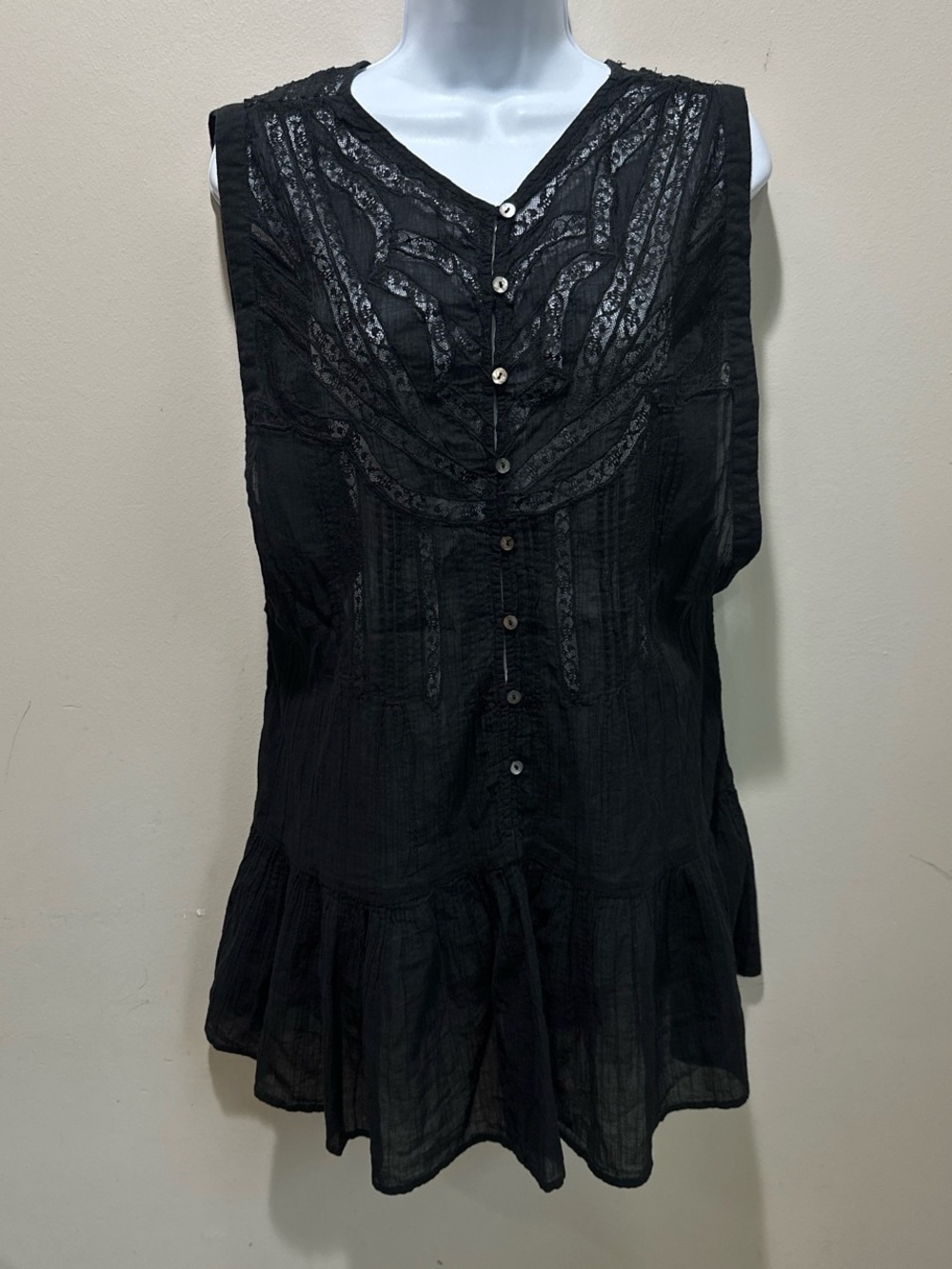 Free People Black Lace-Trim Sleeveless Mini Dress 100%Cotton